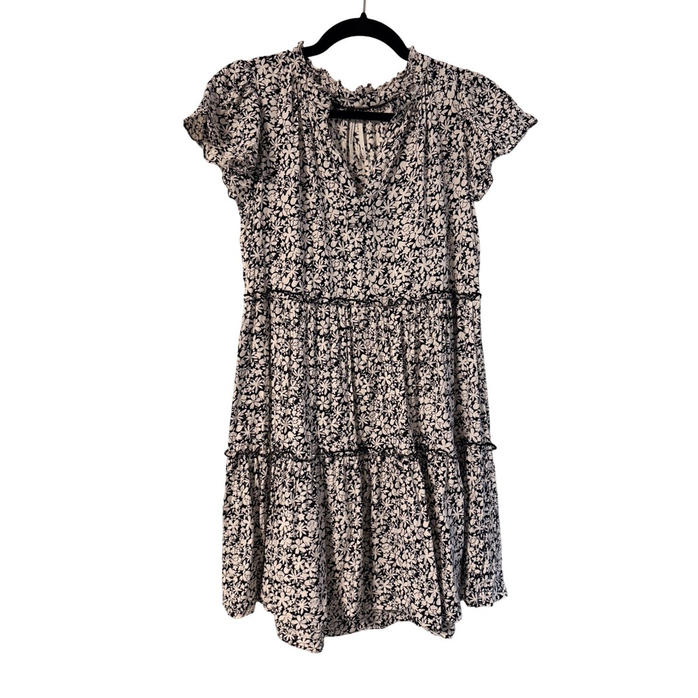 Anthropologie Black White‎ Floral Tiered Mini Dress Ruffle Flutter Sleeve SP
